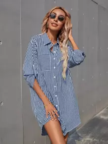 SHEIN LUNE 條紋捲袖襯衫式洋裝