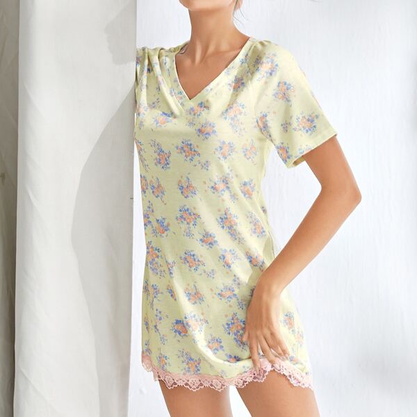 

Allover Floral Lace Trim Nightdress, Yellow