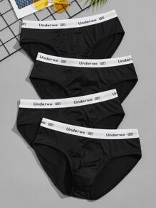 Men's Black High Stretch Briefs With Letter Tape Detail Casual Underwear
