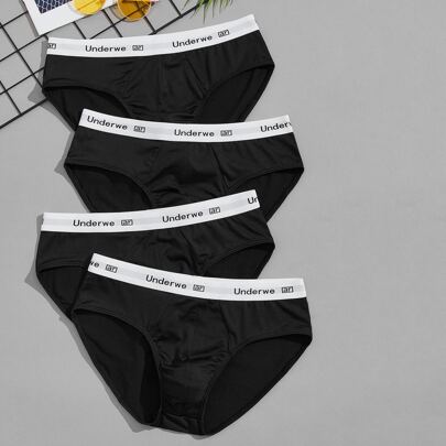 남성용 블랙 하이 스트레치 브리프, 레터 테이프 디테일 캐주얼 속옷