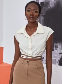 罩袖後綁帶短款襯衫 - 米色 - 查看 1