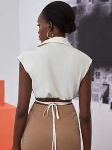 罩袖後綁帶短款襯衫 - 米色 - 查看 2