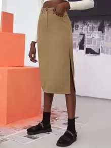 High Waist Split Hem Straight Skirt - Khaki - View 1