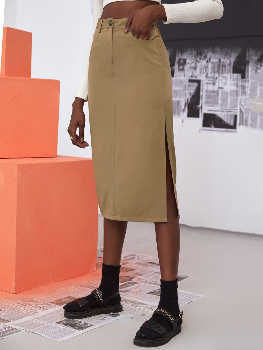 High Waist Split Hem Straight Skirt - Khaki - View 1