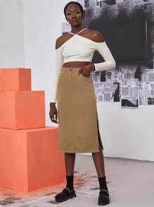 High Waist Split Hem Straight Skirt - Khaki - View 2