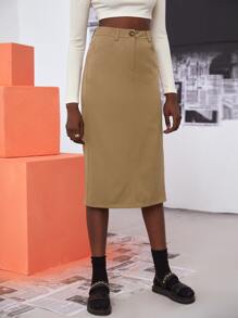 High Waist Split Hem Straight Skirt - Khaki - View 4