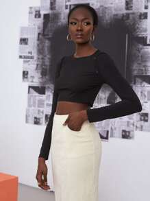 SHEIN Unity Solid Button Detail Crop Tee - Black - View 4