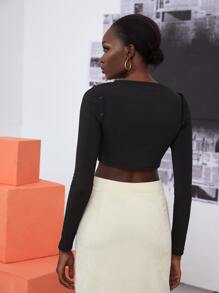 SHEIN Unity Solid Button Detail Crop Tee - Black - View 5