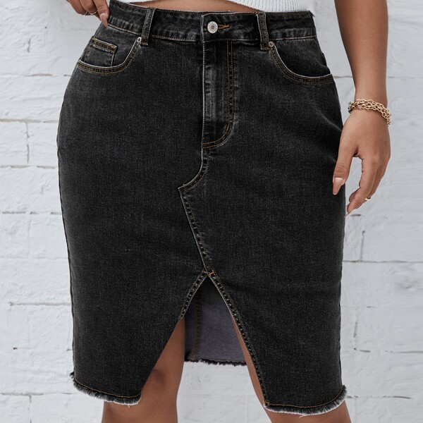 

Plus Raw Trim Asymmetrical Hem Denim Skirt, Black