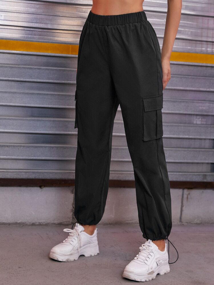 Pantalon cargo taille élastique à cordon - Noir - Voir 4