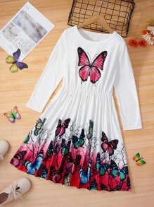 Niñas Vestido con estampado de árbol con mariposa - Blanco - Ver 1