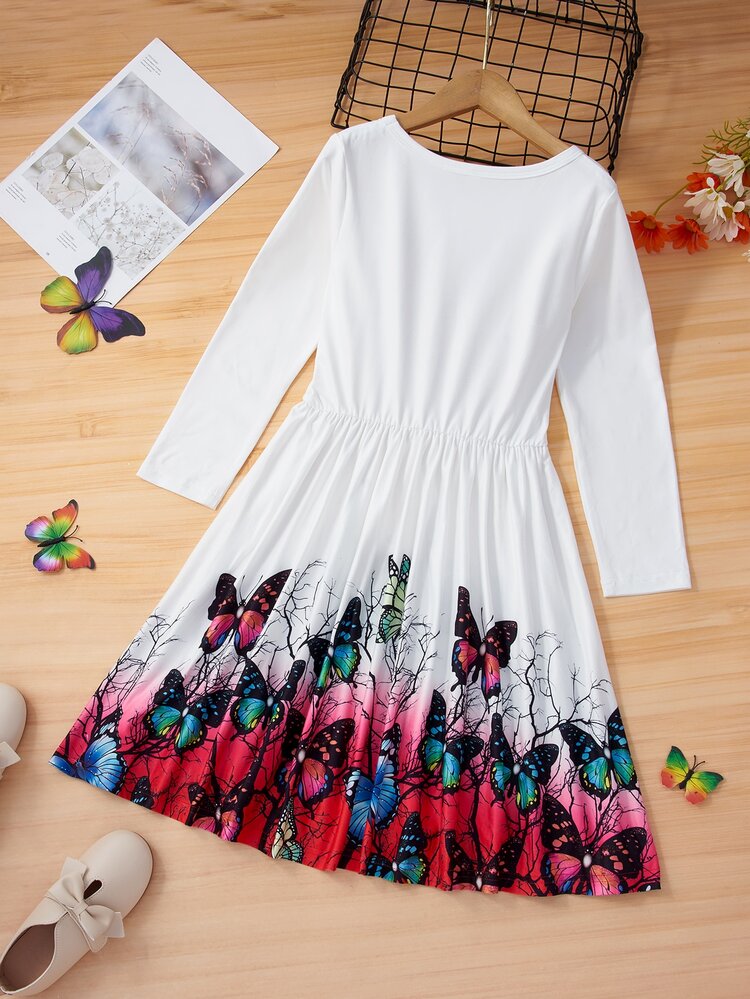 Niñas Vestido con estampado de árbol con mariposa - Blanco - Añade 2