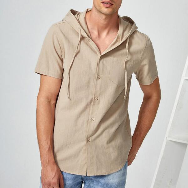 

Men Pocket Patched Button Front Drawstring Hoodie, Khaki