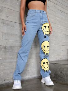 高腰卡通圖案牛仔褲 - 淺色水洗藍 - 查看 3
