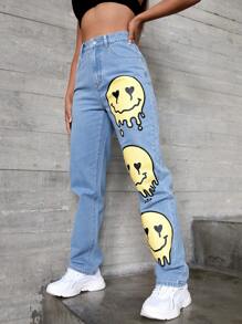 高腰卡通圖案牛仔褲 - 淺色水洗藍 - 查看 5