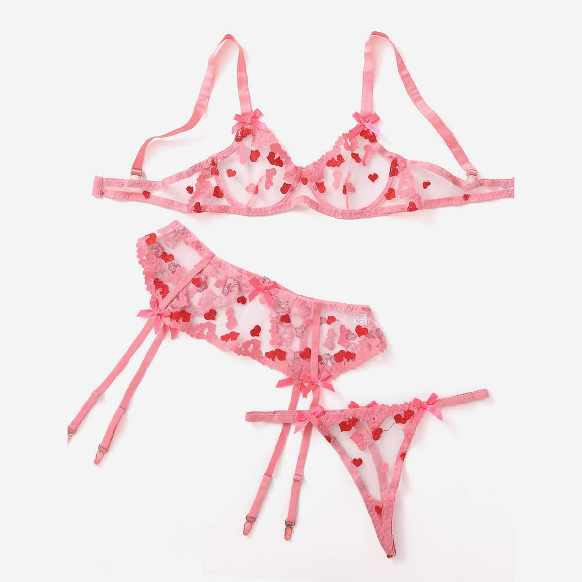 

Heart Embroidered Mesh Underwire Garter Lingerie Set, Pink