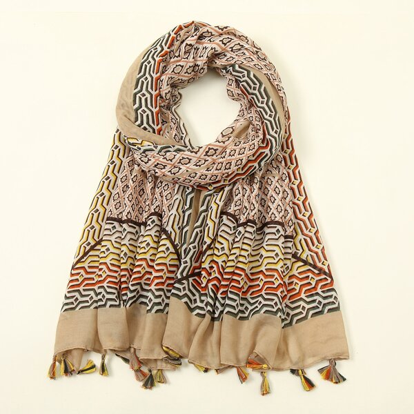 

Graphic Print Tassel Decor Scarf, Apricot