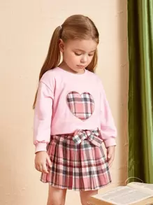 SHEIN 年輕女孩格子心形繡花套頭衫 - 淺粉色 - 查看 7