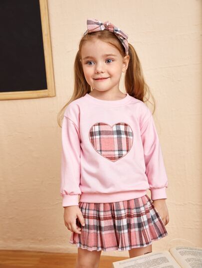Toddler Girls Plaid Heart Embroidery Pullover