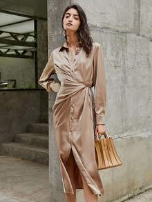 Knot Side Satin Shirt Dress - Khaki - View 3