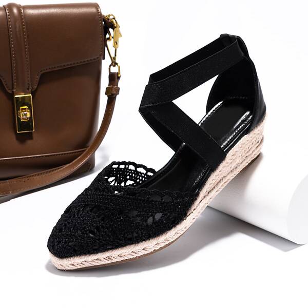 

Minimalist Cross Strap Lace Court Wedges, Black
