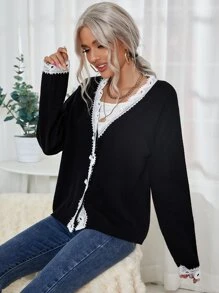 Contrast Lace Cardigan - Black - View 5