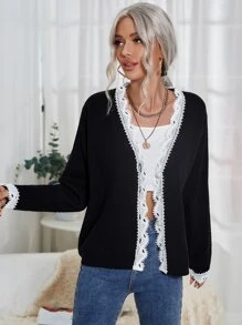 Contrast Lace Cardigan - Black - View 2