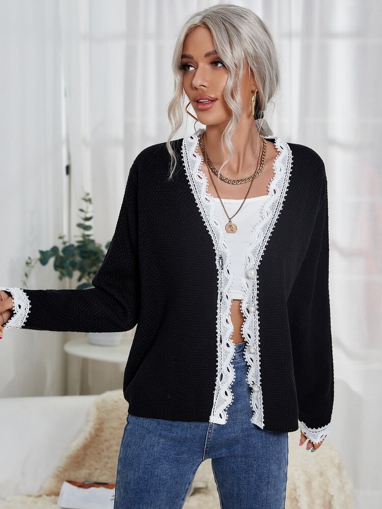 Contrast Lace Cardigan - Black - View 2