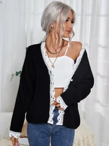 Contrast Lace Cardigan - Black - View 1
