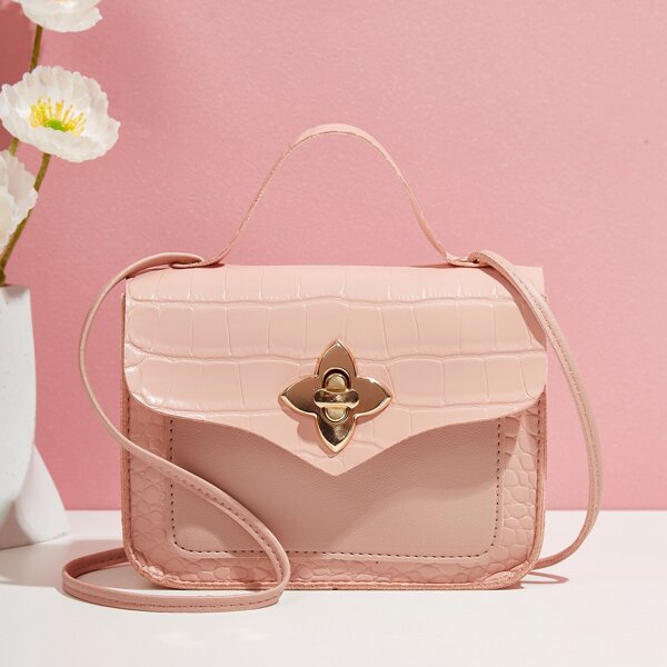 

Croc Embossed Flap Satchel Bag, Pink