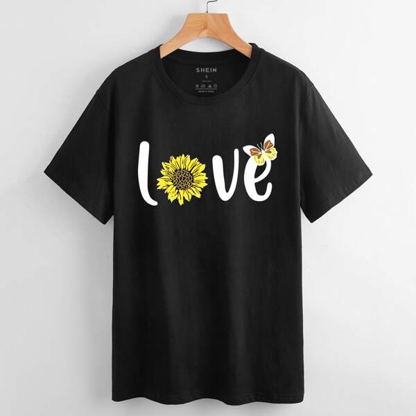 

Butterfly And Sunflower Print Tee, Black