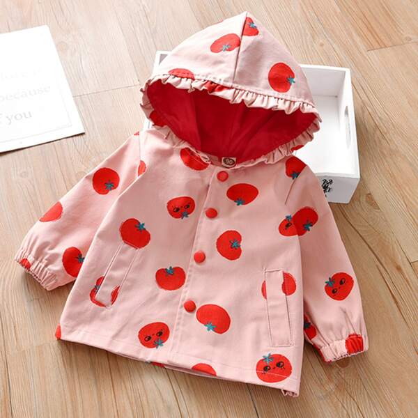 

Toddler Girls Tomato Print Frill Trim Hooded Coat, Baby pink