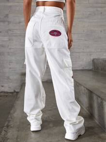 SHEIN EZwear 貼布細節翻蓋口袋寬腿牛仔褲 - 白色 - 查看 2