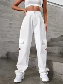 SHEIN EZwear 貼布細節翻蓋口袋寬腿牛仔褲 - 白色 - 查看 5