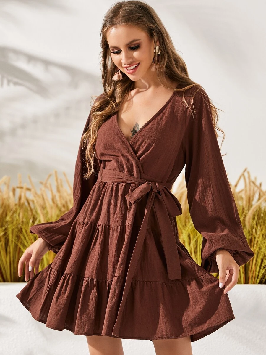 燈籠袖荷葉邊繫腰帶連衣裙 - 咖啡棕 - 查看 1