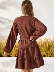 燈籠袖荷葉邊繫腰帶連衣裙 - 咖啡棕 - 查看 2