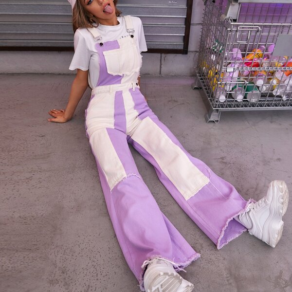 

Raw Trim Wide Leg Denim Overalls, Lilac purple
