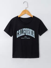 SHEIN Niñas Camiseta con estampado de letra - Negro - Ver 1