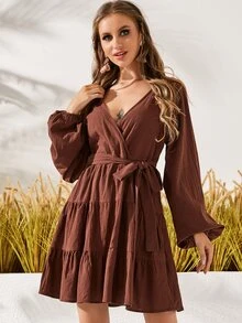 燈籠袖荷葉邊繫腰帶連衣裙 - 咖啡棕 - 查看 3