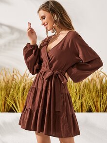 燈籠袖荷葉邊繫腰帶連衣裙 - 咖啡棕 - 查看 6