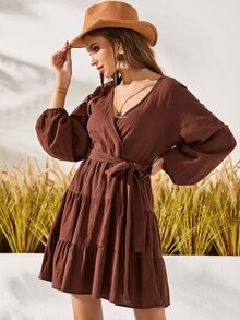 燈籠袖荷葉邊繫腰帶連衣裙 - 咖啡棕 - 查看 7