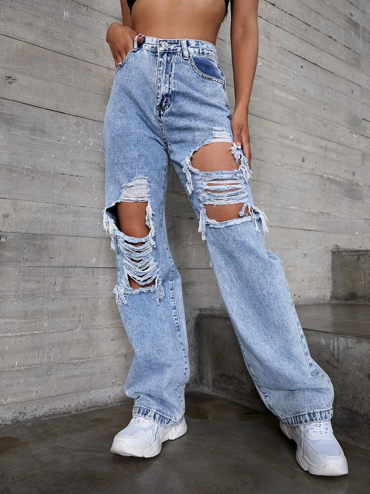 SHEIN プラス ベルトなし 穴あきスキニージーンズ プラス ハイウェスト ダメージ ローカット ベルトなし スキニー