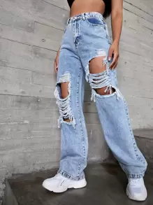 SHEIN ICON High Waisted Ripped Jeans - Light Wash - View 5