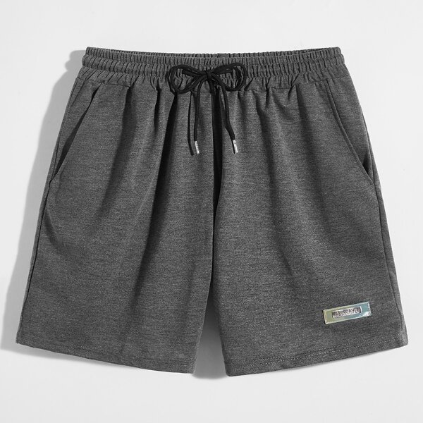 

Men Patched Drawstring Waist Athletic Shorts, Dark grey