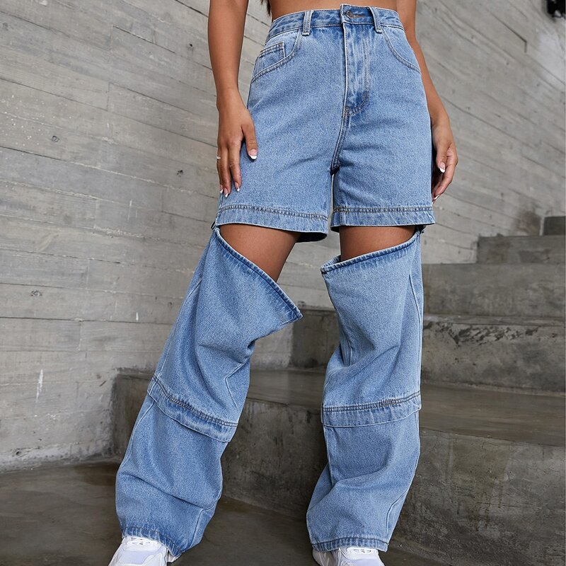 

High Waist Removable Straight Leg Jeans, Light wash