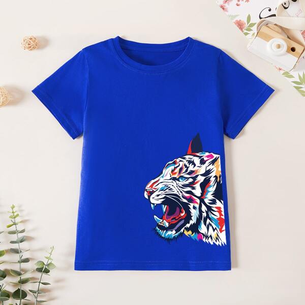 

Toddler Boys Tiger Print Round Neck Tee, Blue