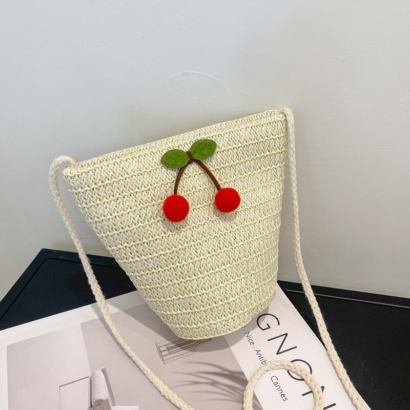 

Cherry Decor Straw Bag, Beige
