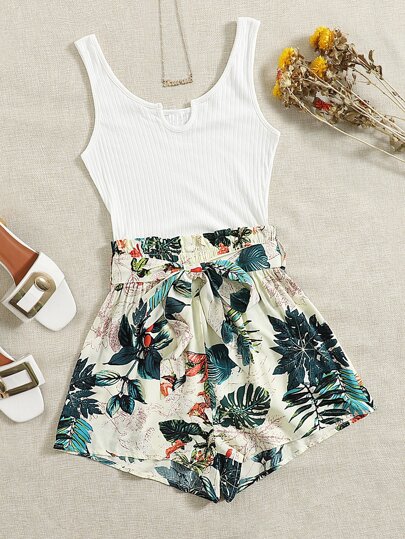 Plus Tropical Print Paper Bag Waist Belted Tank Romper