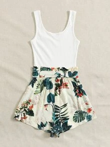 SHEIN VCAY Jumpsuits Plus Size Thắt lưng Gân đan Quần paper-bag Nhiệt đới Boho - trắng - Xem 2