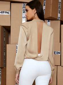 SHEIN BAE Áo sơ mi Nút Chia xoắn lại màu trơn Thanh lịch - Màu Khaki - Xem 2